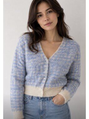 URAGO Wool Blend Gingham Check Cropped Cardigan Twee Cottagecore Coquette